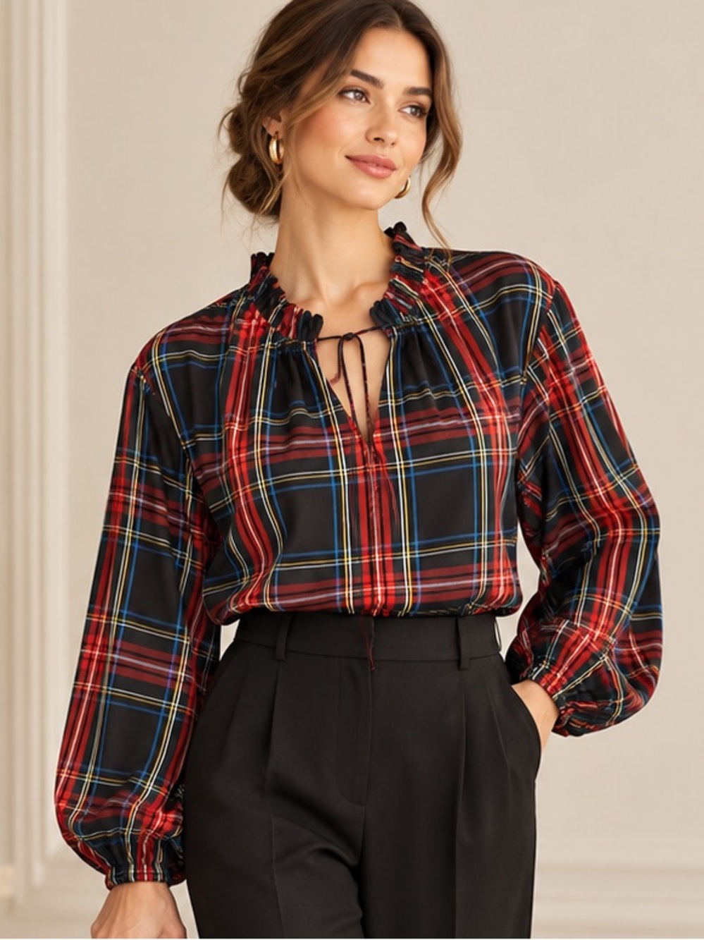 J.Crew Stewart Tartan Plaid Poplin Top Tie Neck Scalloped Popover Shirt Small